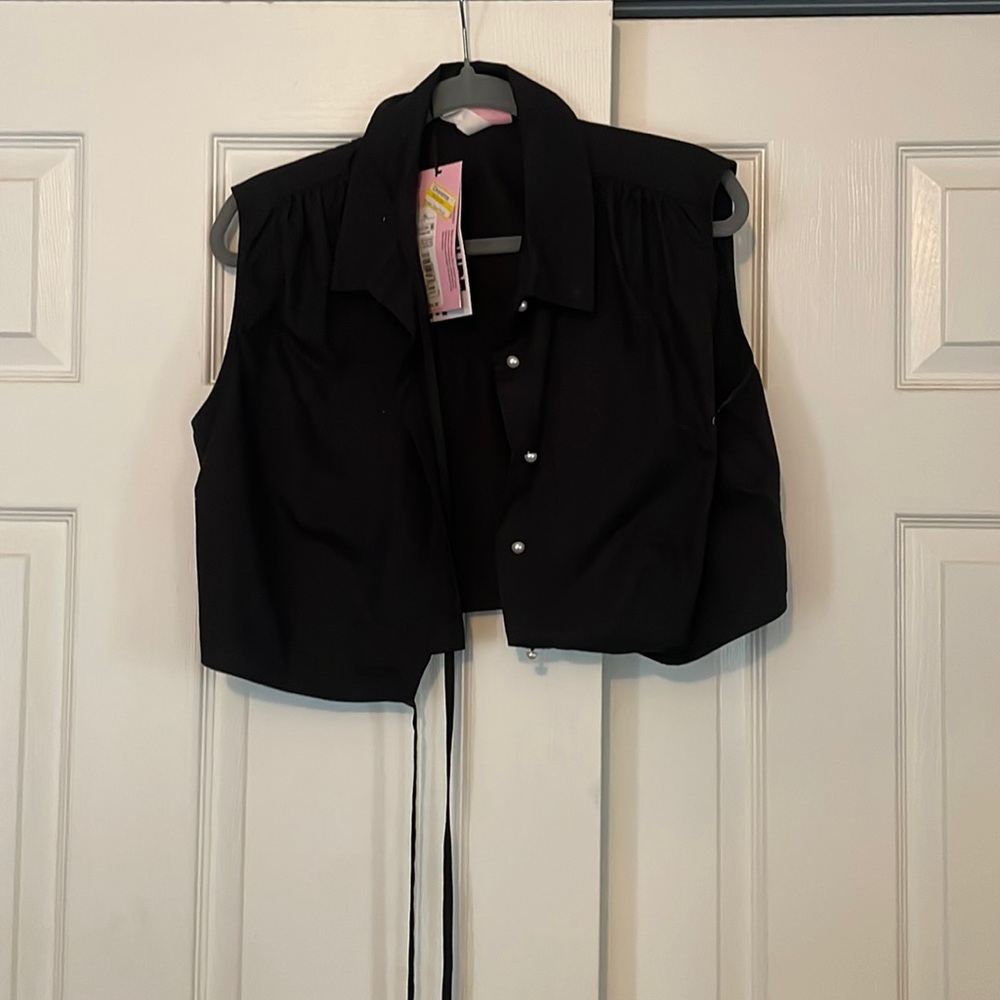 Future Collective button up black crop top with pearl buttons